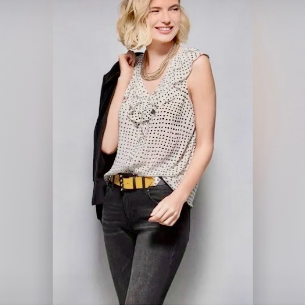 CAbi White Polka Dot Ruffle Blouse